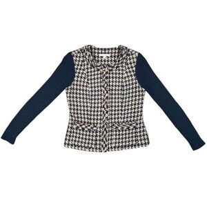CAbi Houndstooth Fringe Full Zip Knit Sweater Jacket size 0
